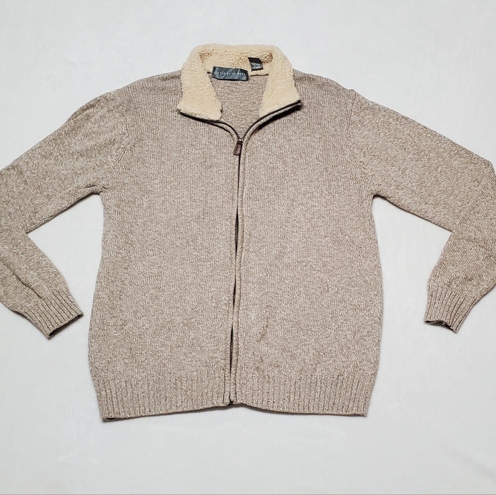 Oscar De La Renta Tan Cotton Blend Knit Sherpa Collared Full-zip Cardigan Unisex